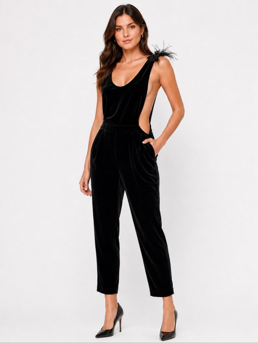 Brunello Cucinelli Black Velvet Feather Sleeveless Jumpsuit Size L